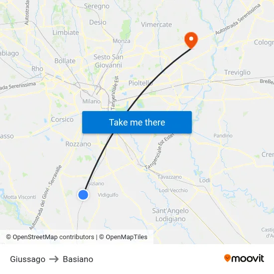 Giussago to Basiano map