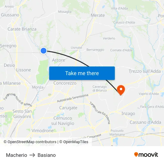 Macherio to Basiano map