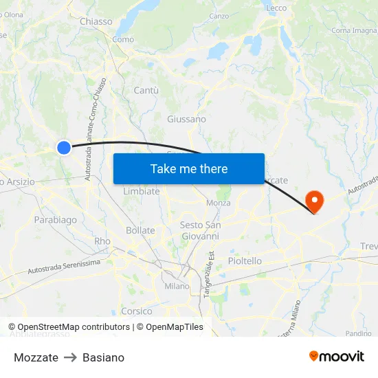 Mozzate to Basiano map