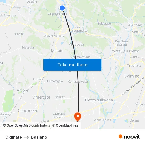 Olginate to Basiano map