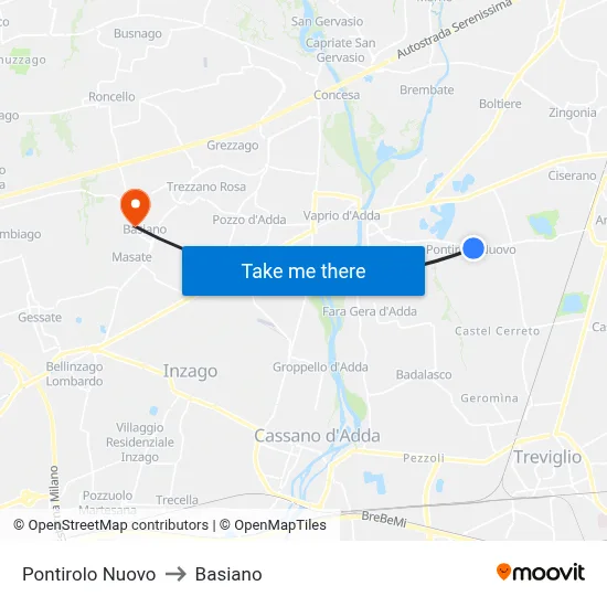 Pontirolo Nuovo to Basiano map