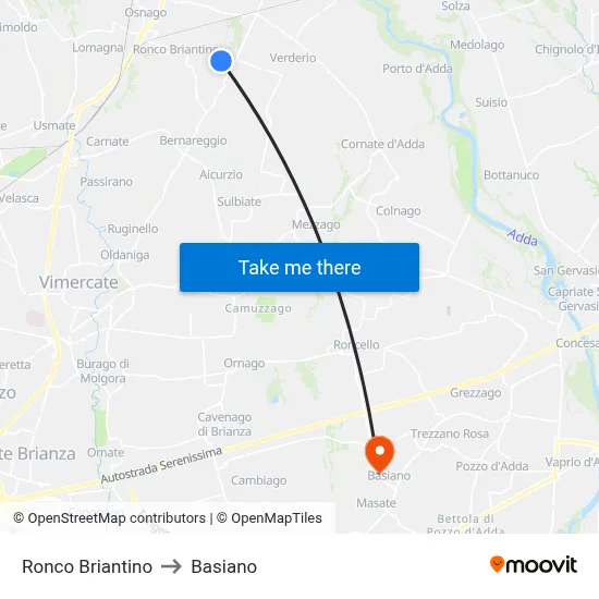 Ronco Briantino to Basiano map