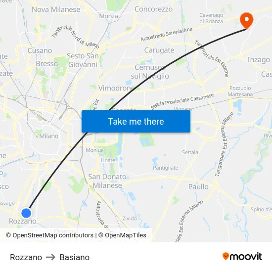 Rozzano to Basiano map