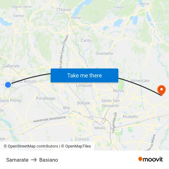 Samarate to Basiano map