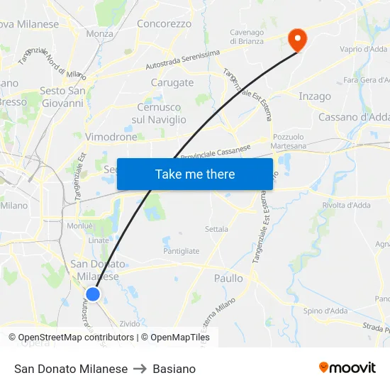 San Donato Milanese to Basiano map