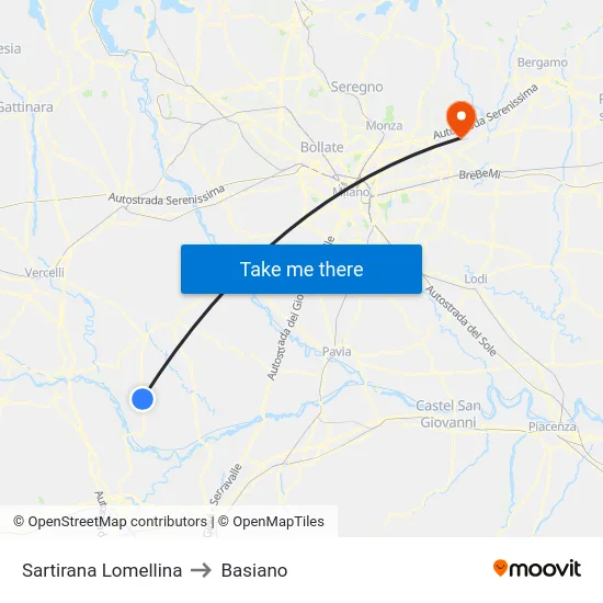 Sartirana Lomellina to Basiano map