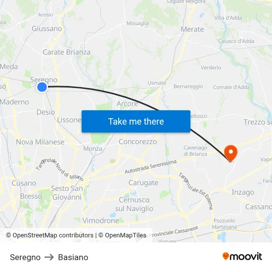 Seregno to Basiano map