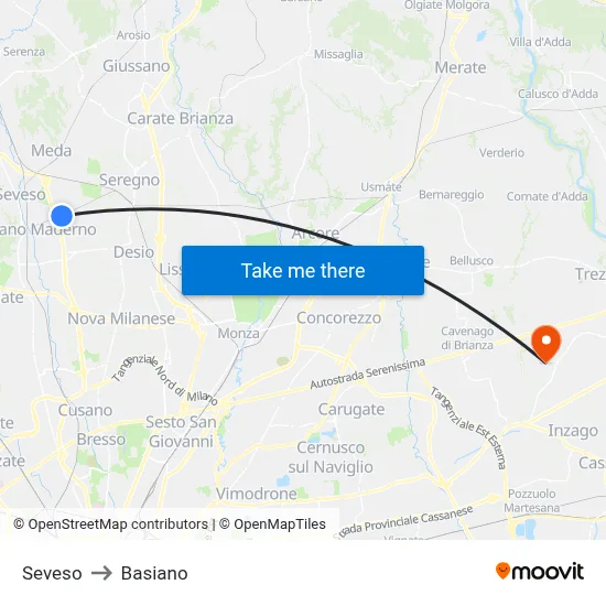 Seveso to Basiano map