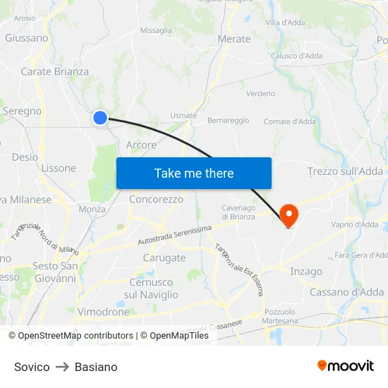 Sovico to Basiano map