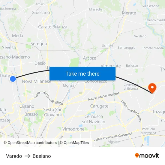 Varedo to Basiano map