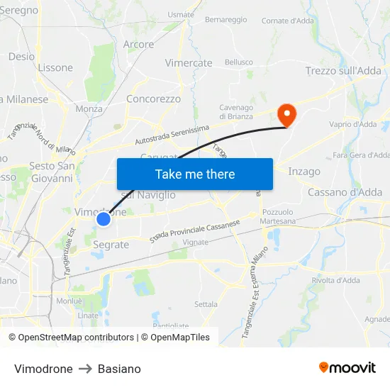 Vimodrone to Basiano map