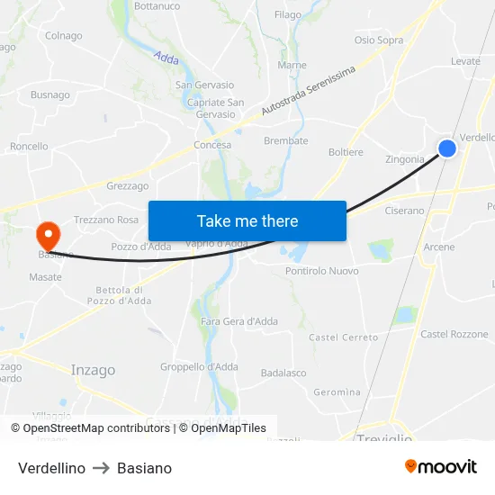 Verdellino to Basiano map
