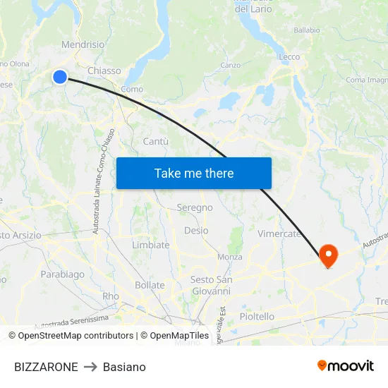 Bizzarone to Basiano map