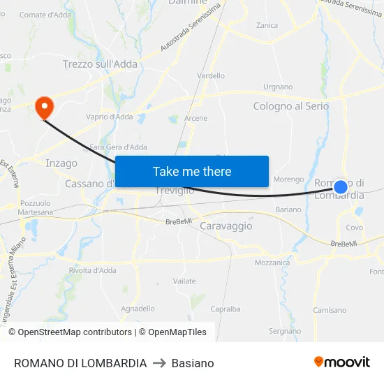 Romano di Lombardia to Basiano map