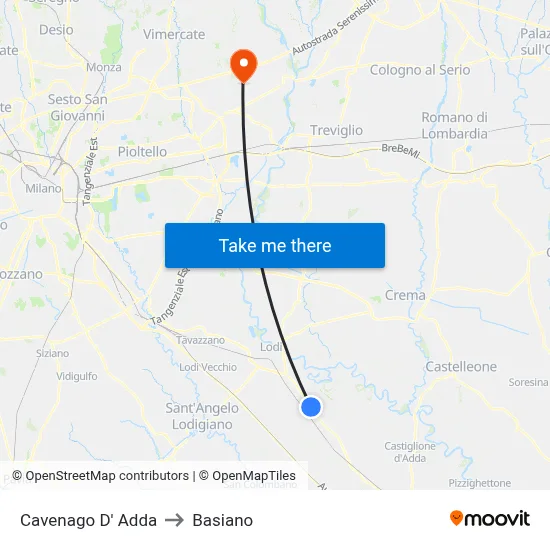 Cavenago D' Adda to Basiano map