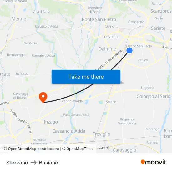 Stezzano to Basiano map