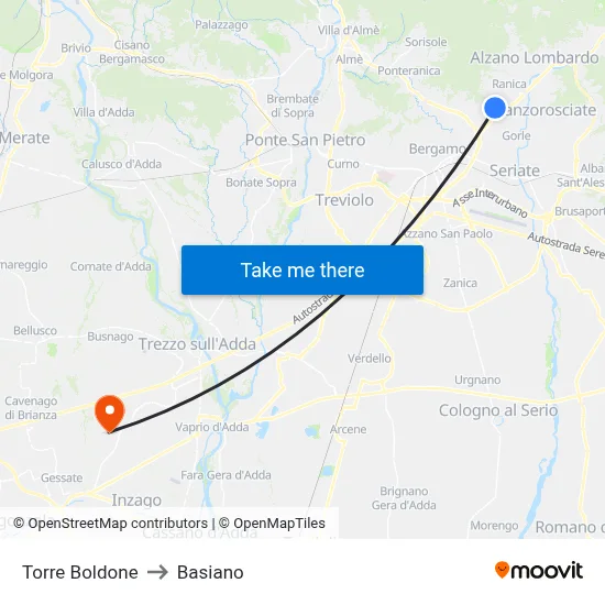 Torre Boldone to Basiano map