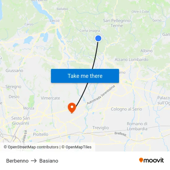 Berbenno to Basiano map