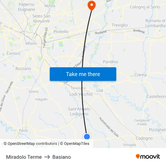Miradolo Terme to Basiano map