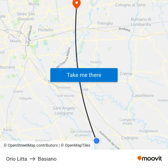 Orio Litta to Basiano map