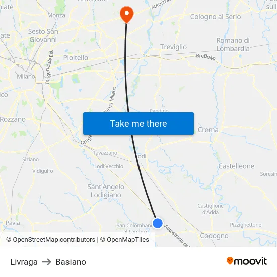 Livraga to Basiano map
