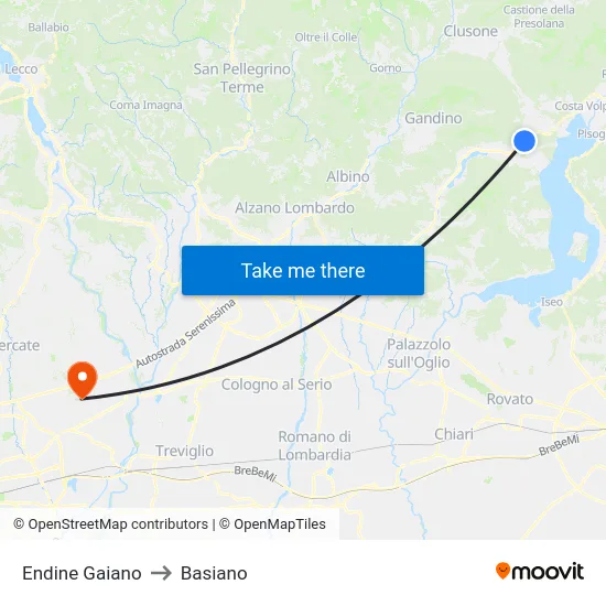 Endine Gaiano to Basiano map