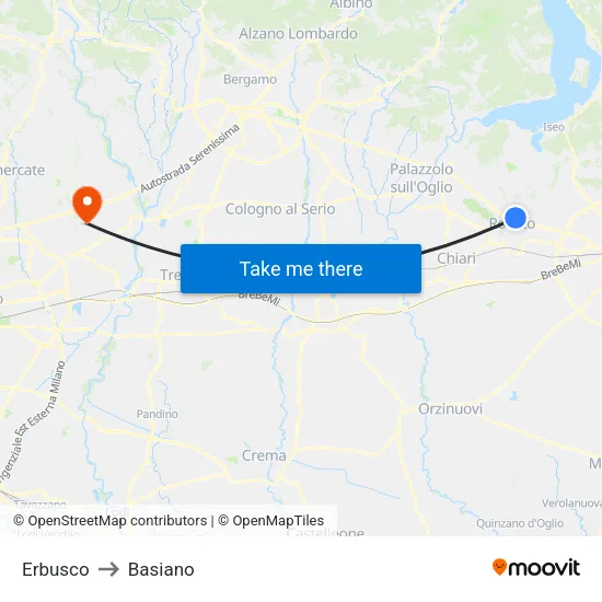 Erbusco to Basiano map