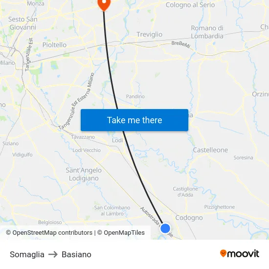 Somaglia to Basiano map