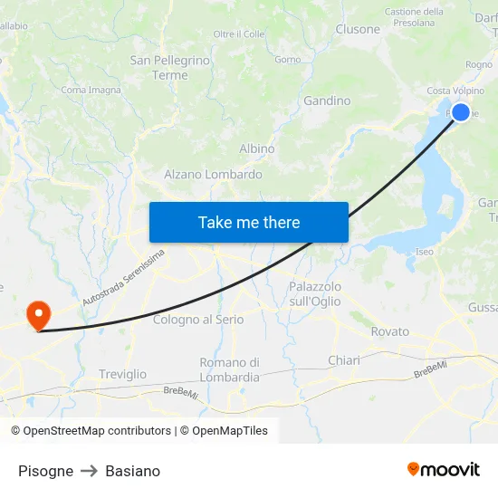 Pisogne to Basiano map