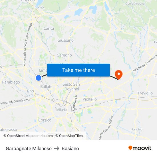 Garbagnate Milanese to Basiano map