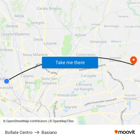 Bollate Centro to Basiano map