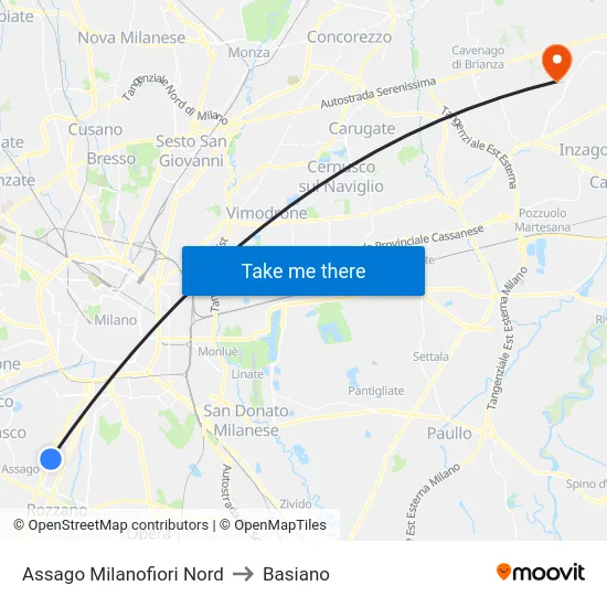 Assago Milanofiori Nord to Basiano map
