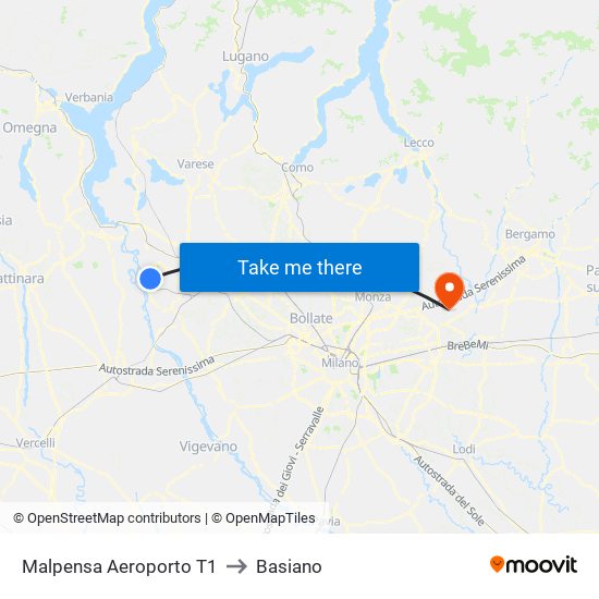 Malpensa Aeroporto T1 to Basiano map