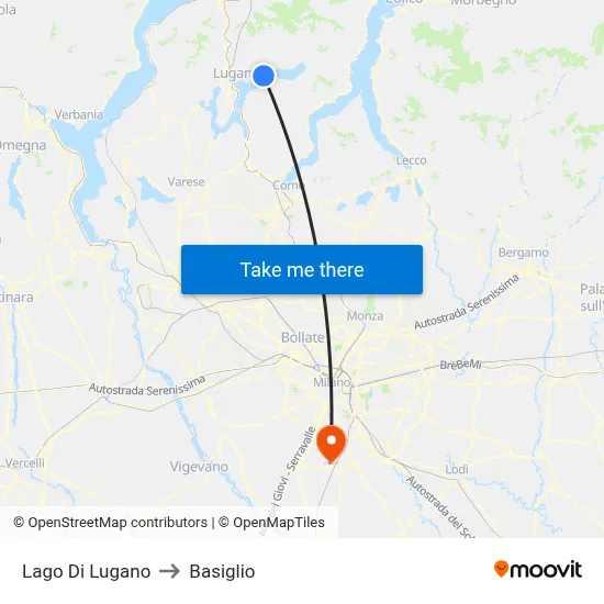 Lake of Lugano to Basiglio map