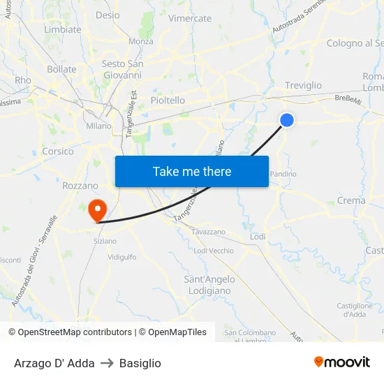 Arzago d'Adda to Basiglio map
