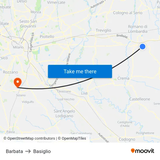 Barbata to Basiglio map