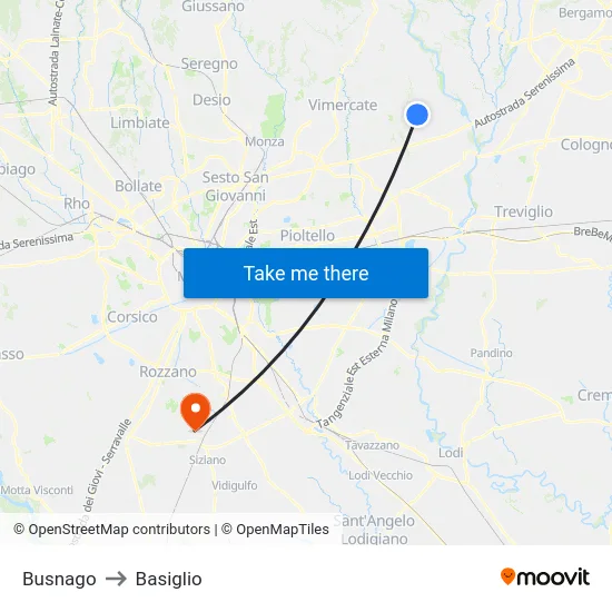 Busnago to Basiglio map