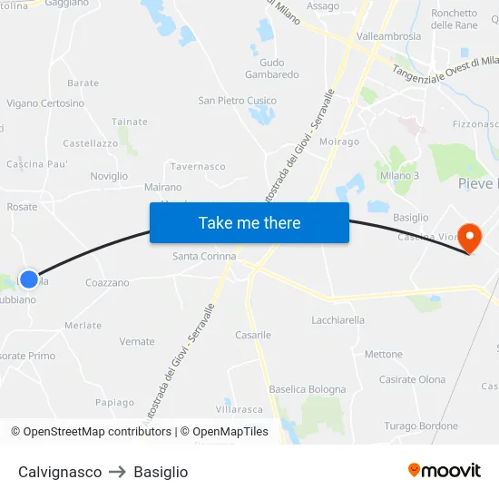 Calvignasco to Basiglio map