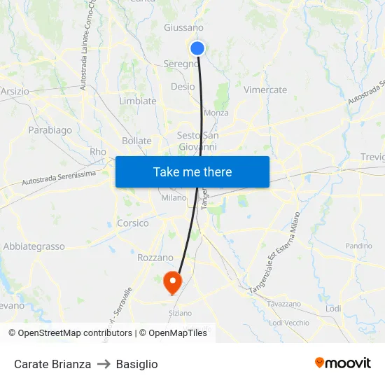 Carate Brianza to Basiglio map