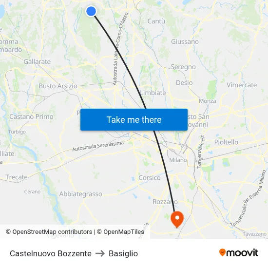Castelnuovo Bozzente to Basiglio map