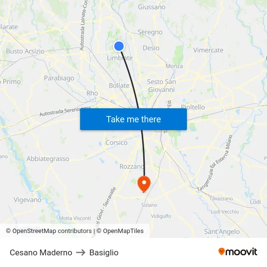Cesano Maderno to Basiglio map