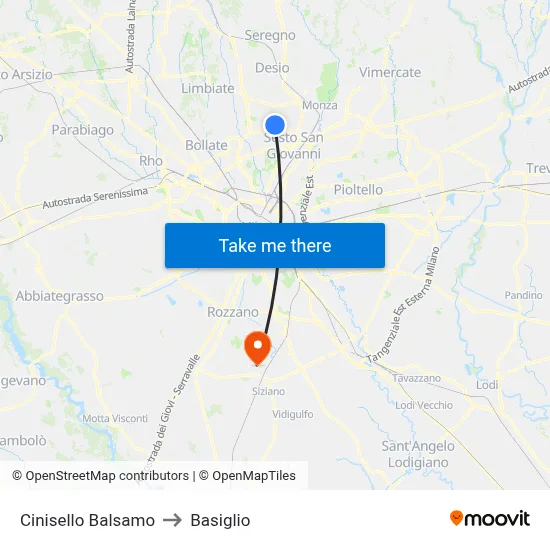 Cinisello Balsamo to Basiglio map