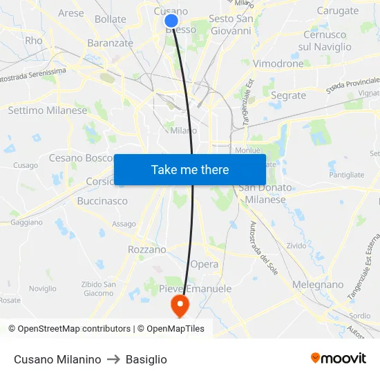 Cusano Milanino to Basiglio map