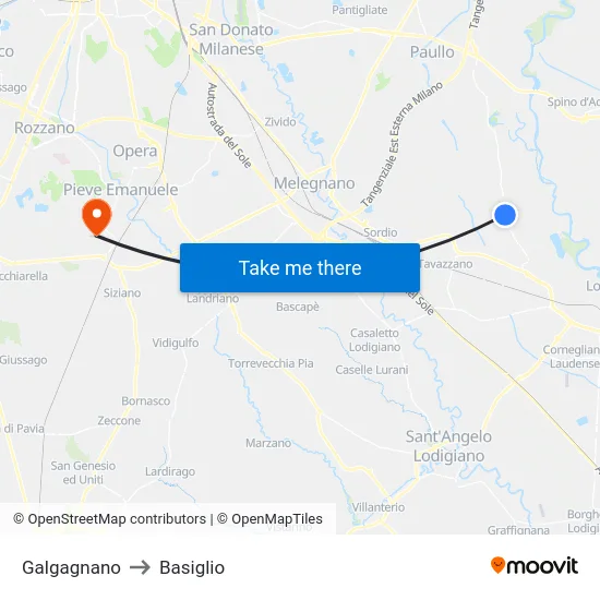 Galgagnano to Basiglio map