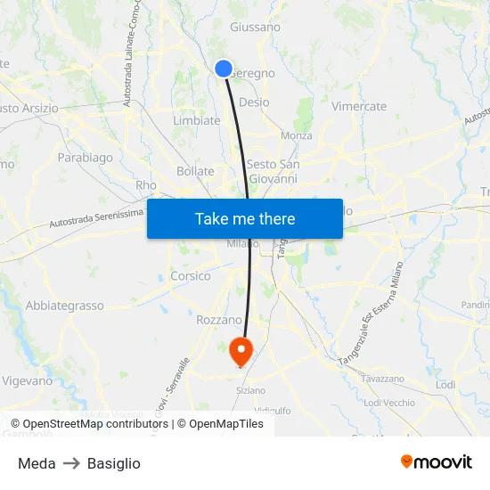 Meda to Basiglio map