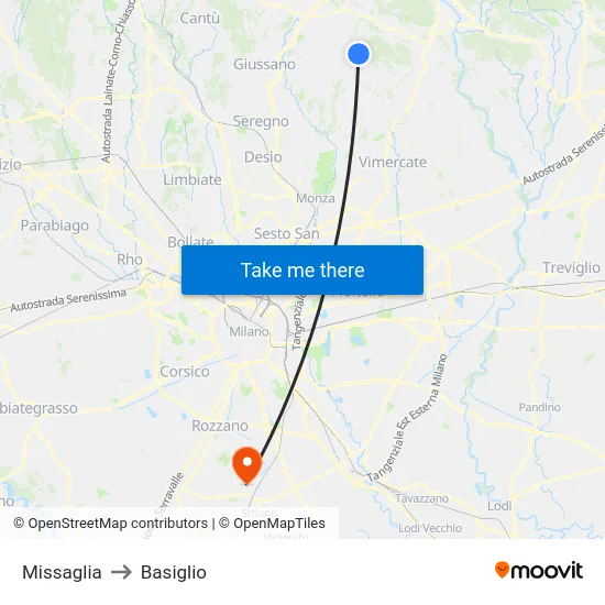 Missaglia to Basiglio map