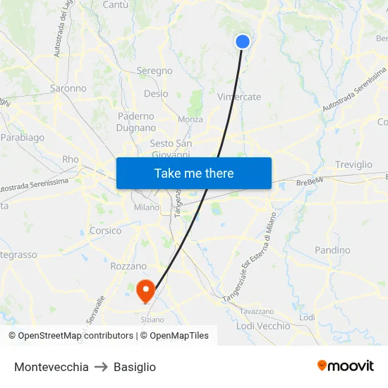 Montevecchia to Basiglio map