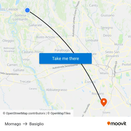 Mornago to Basiglio map