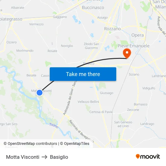 Motta Visconti to Basiglio map