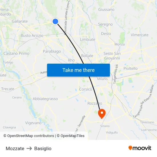 Mozzate to Basiglio map